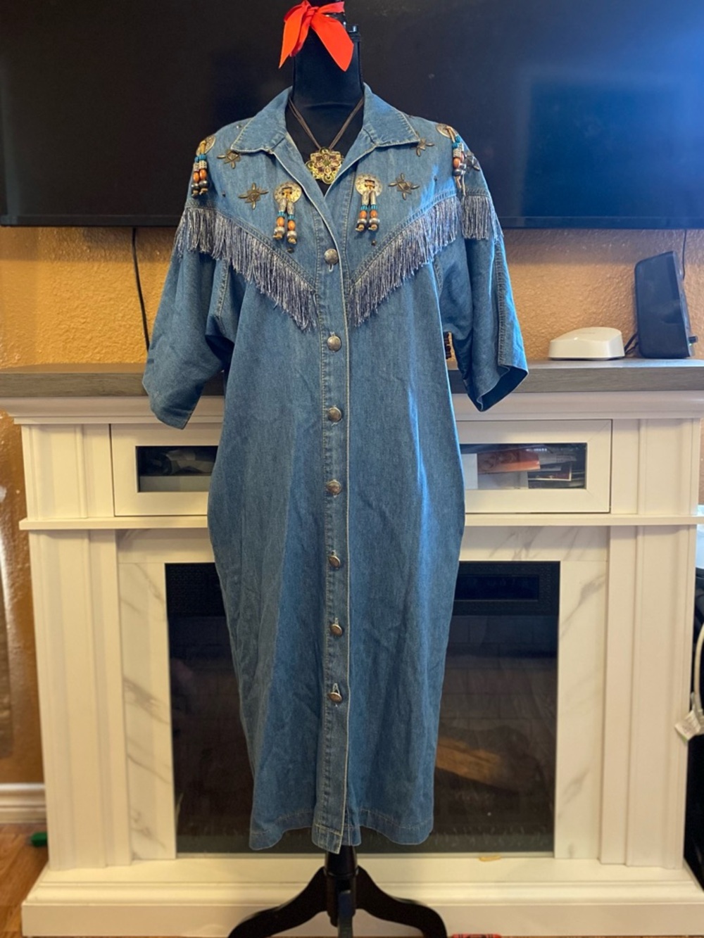 Vintage 80s/90s Monique Fashions Western Denim Dress.Fringe & Beaded Details.S 6